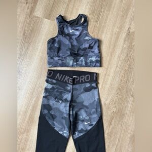 Nike Pro Black & Gray Camo Sports Bra and Leggings Set
